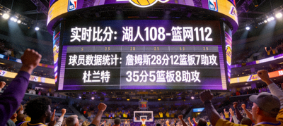 NBA篮球比赛现场大屏幕显示实时比分与球员数据统计